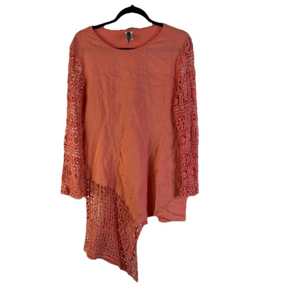 XCVI Linen Crochet Sleeves Contrast Tunic Shirt Pink Coastal - Picture 1 of 9